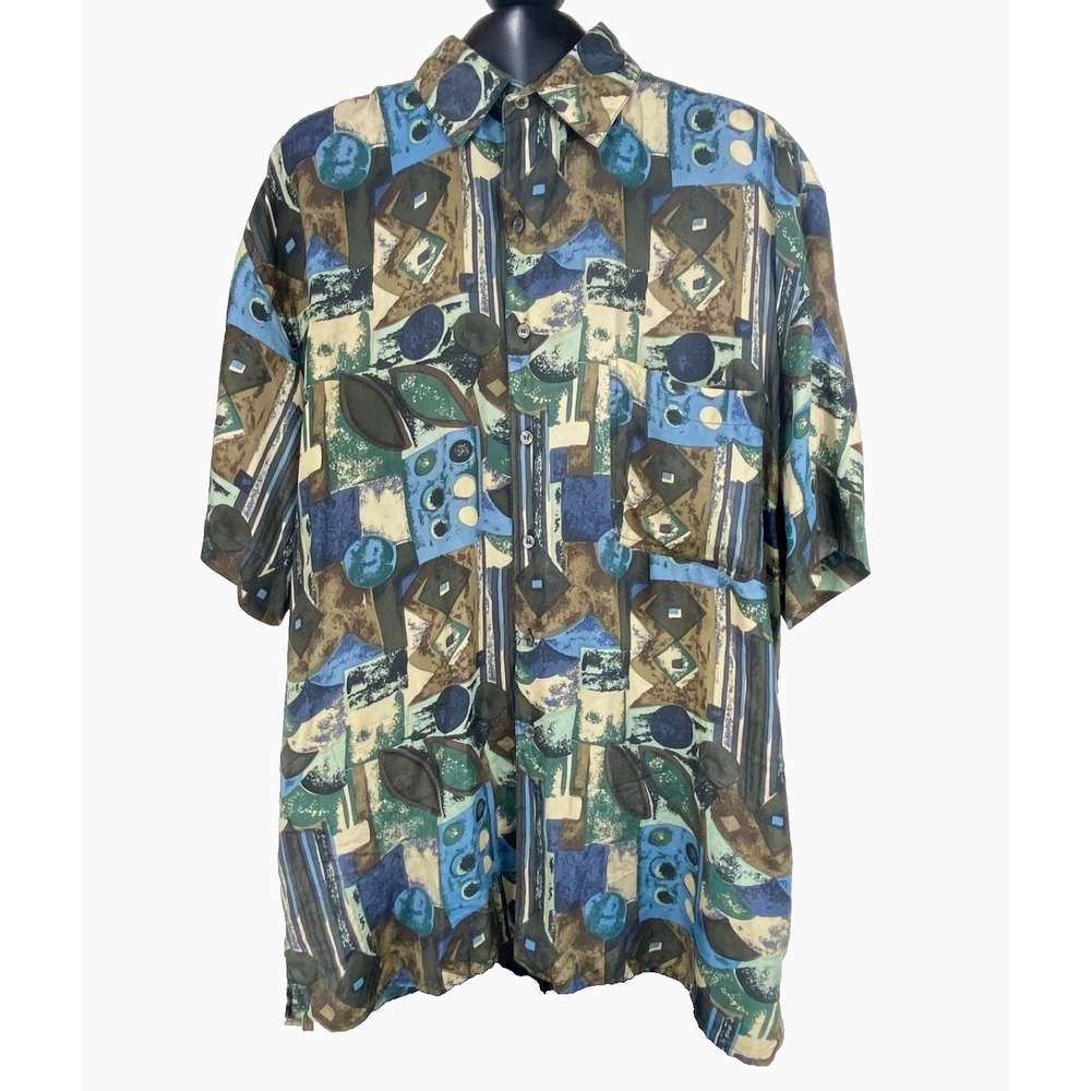 Cezar Silk Short Sleeve Shirt Men's L Blue Brown Vintage Fine Soft Relaxed